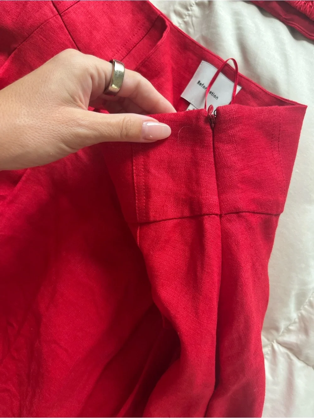 Reformation Red Structured Bralette and Pleated Midi Skirt Set Linen
